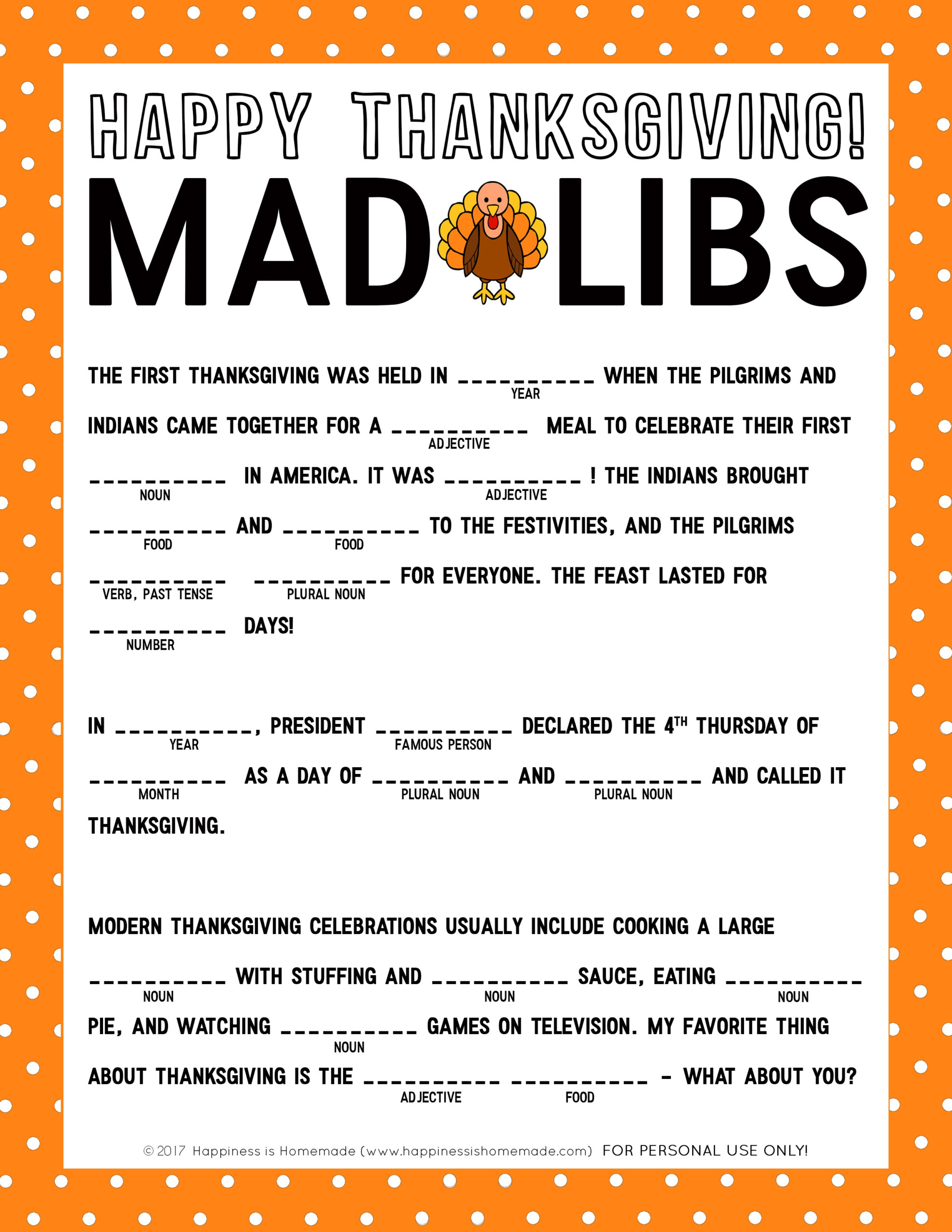 Celebrating Thanksgiving Mad Lib Woo Jr Kids Activities Free