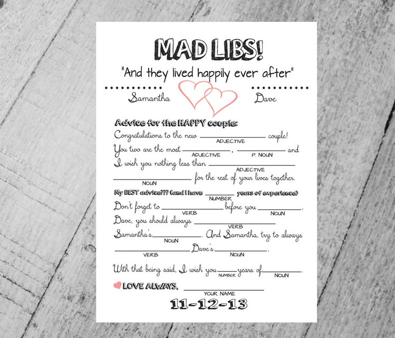 Custom Wedding Mad Libs DIY Printable Cards With Hearts Style Etsy