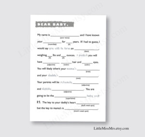 Dear Baby Printable Baby Shower Mad lib Game A Letter To Etsy