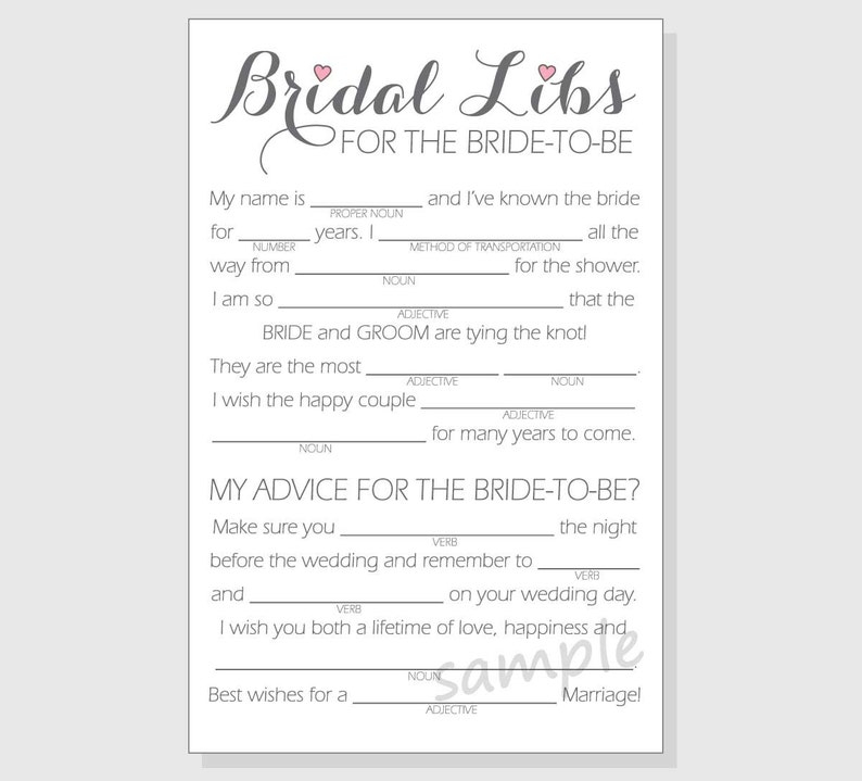 DIY Bridal Shower Mad Libs Game Printable Cards Clear Etsy