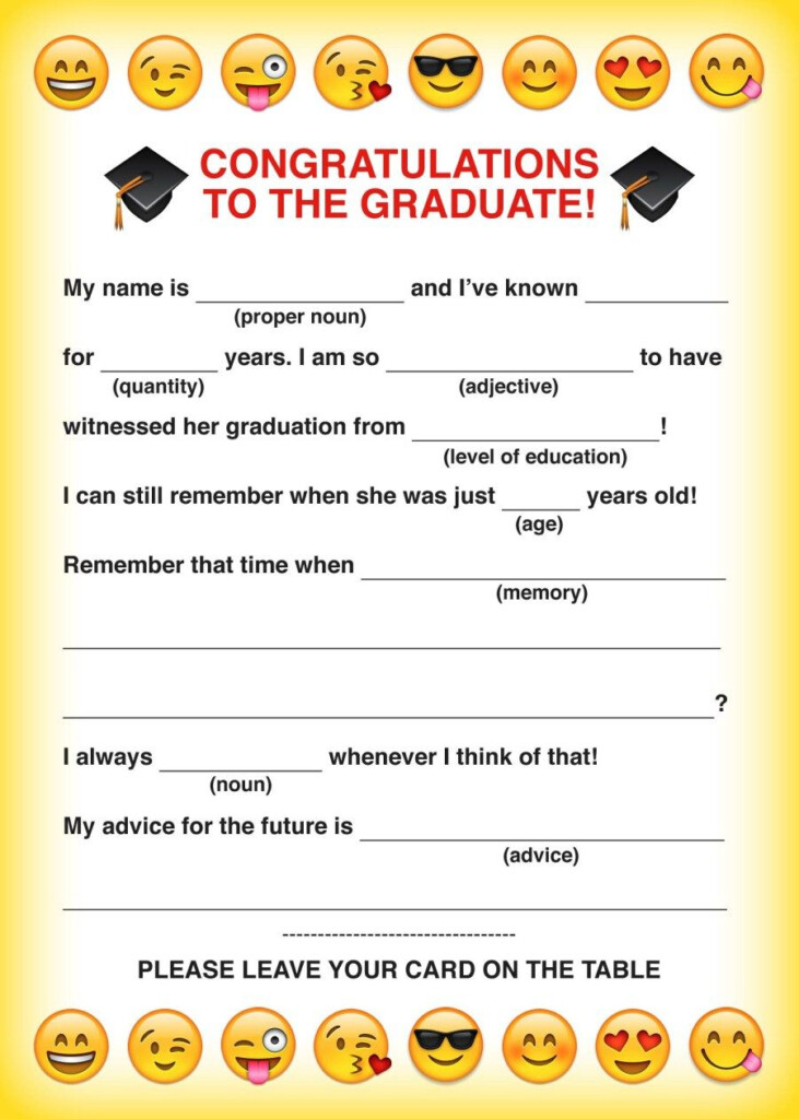 Emoji Free Printable Graduation Mad Libs Card Graduation Party High 