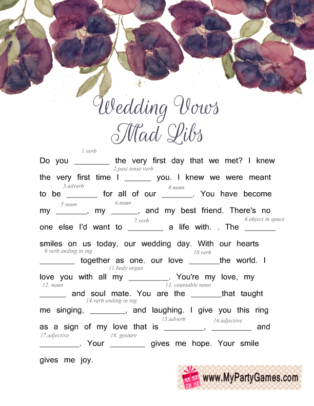 Free Printable Wedding Vows Mad Libs For Bridal Shower