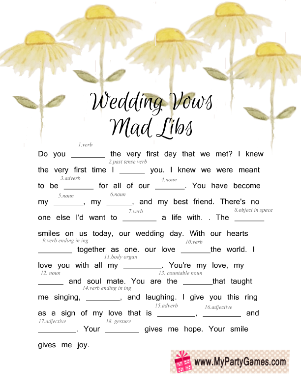 Free Printable Wedding Vows Mad Libs For Bridal Shower