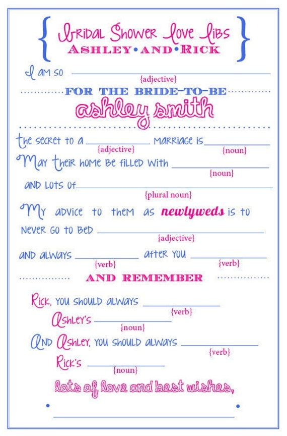 Items Similar To Bridal Wedding Shower Mad Libs Game Printable File On Etsy
