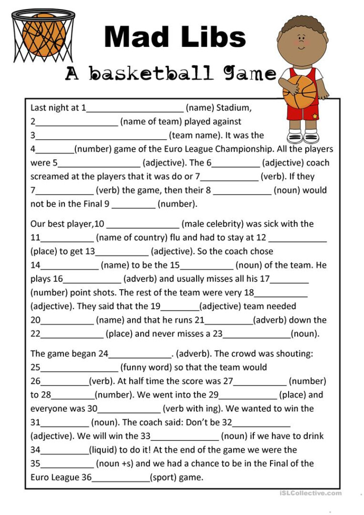 Mad Libs Parts Of Speech Basketball Game Worksheet Free Esl Free 