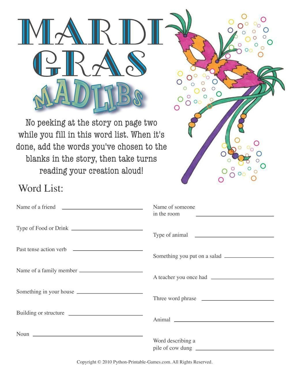 Mardi Gras Mad Libs Game Free Printable Mardi Gras Games Free