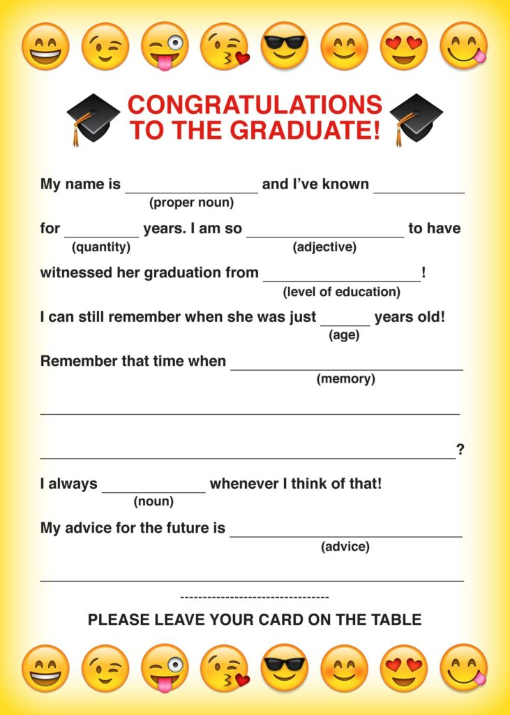 Party Simplicity Free Printable Emoji Graduation Party Mad Libs Card 