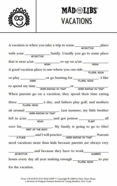 Phrasal Template World Game Printable Mad Libs