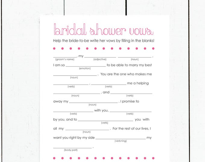 Printable Funny Wedding Vows Mad Libs For Bridal Shower Etsy