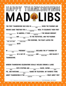 Thanksgiving Mad Libs Printable Thanksgiving Mad Lib Thanksgiving