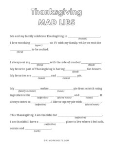 Thanksgiving Mad Libs Worksheets For Kids