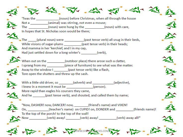 Twas The Night Before Christmas Fill in The Blank For Parts Of Speech