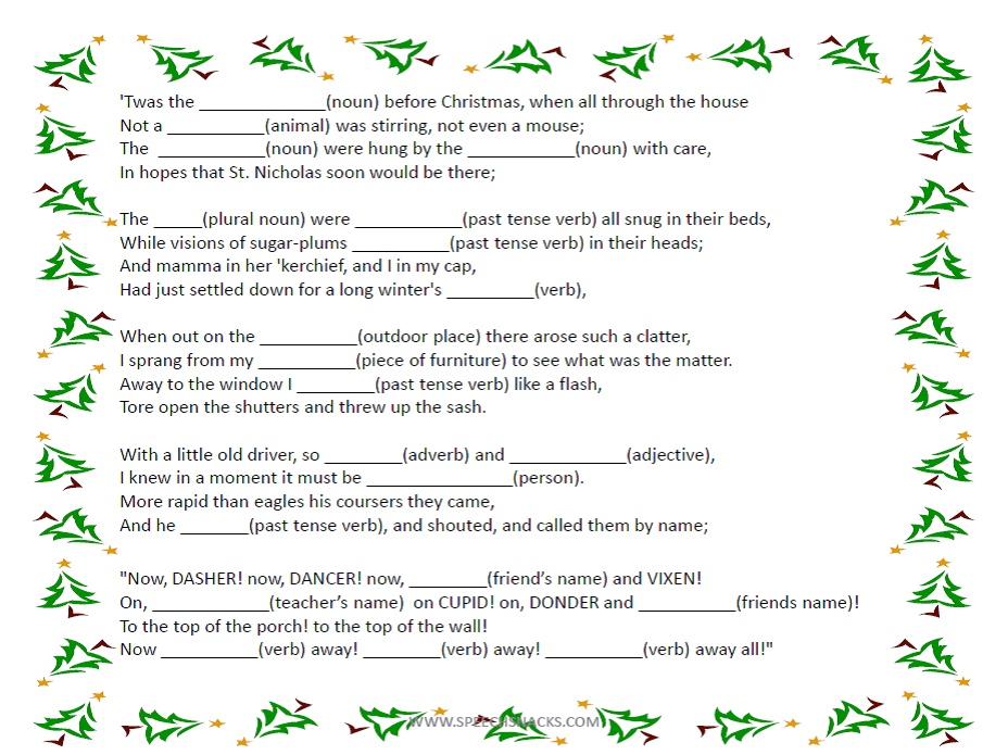 Twas The Night Before Christmas Fill in The Blank For Parts Of Speech