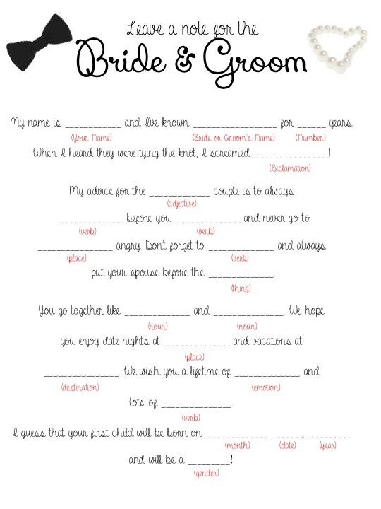 Wedding Mad Lib Game Printable Leave A Note For The Bride