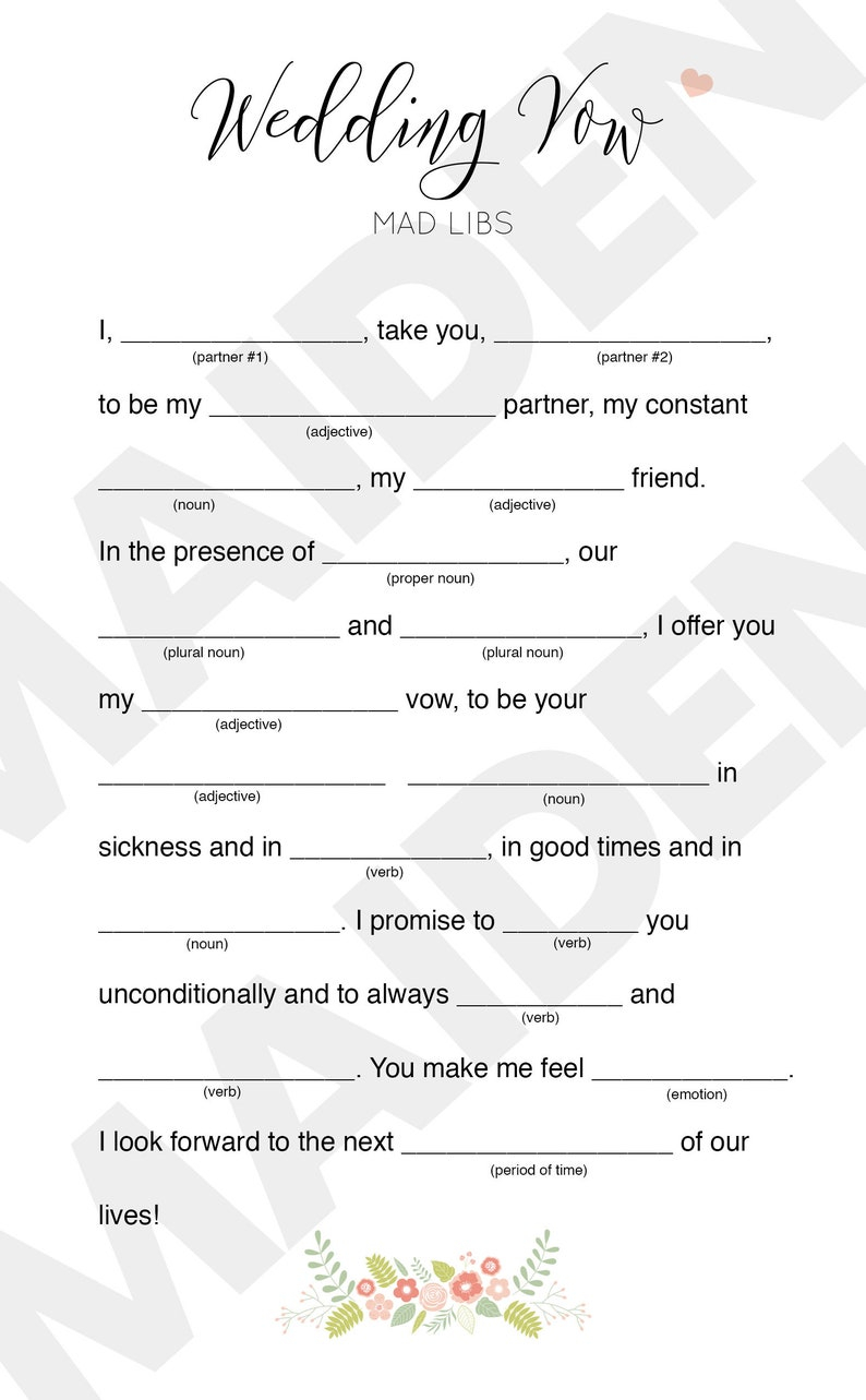 Wedding Vow Mad Libs Printable Digital File For Bridal Shower Etsy