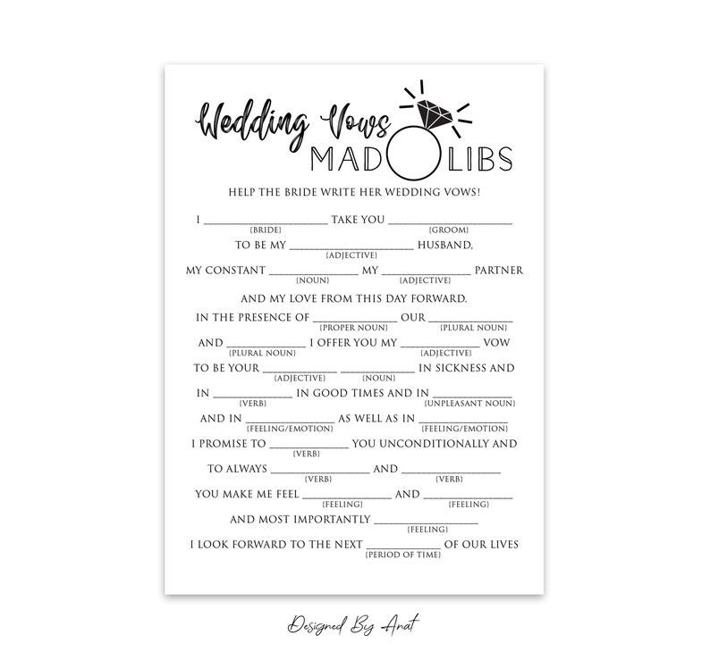 Wedding Vows Mad Libs Bridal Shower Game Printable Simple Etsy