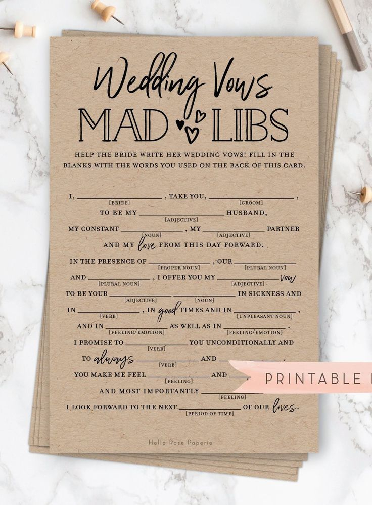 Wedding Vows Mad Libs Printable Funny Bridal Shower Game Rustic 