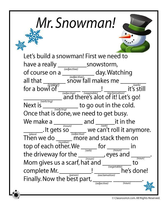 Winter Mad Libs Mr Snowman Christmas Classroom Christmas School