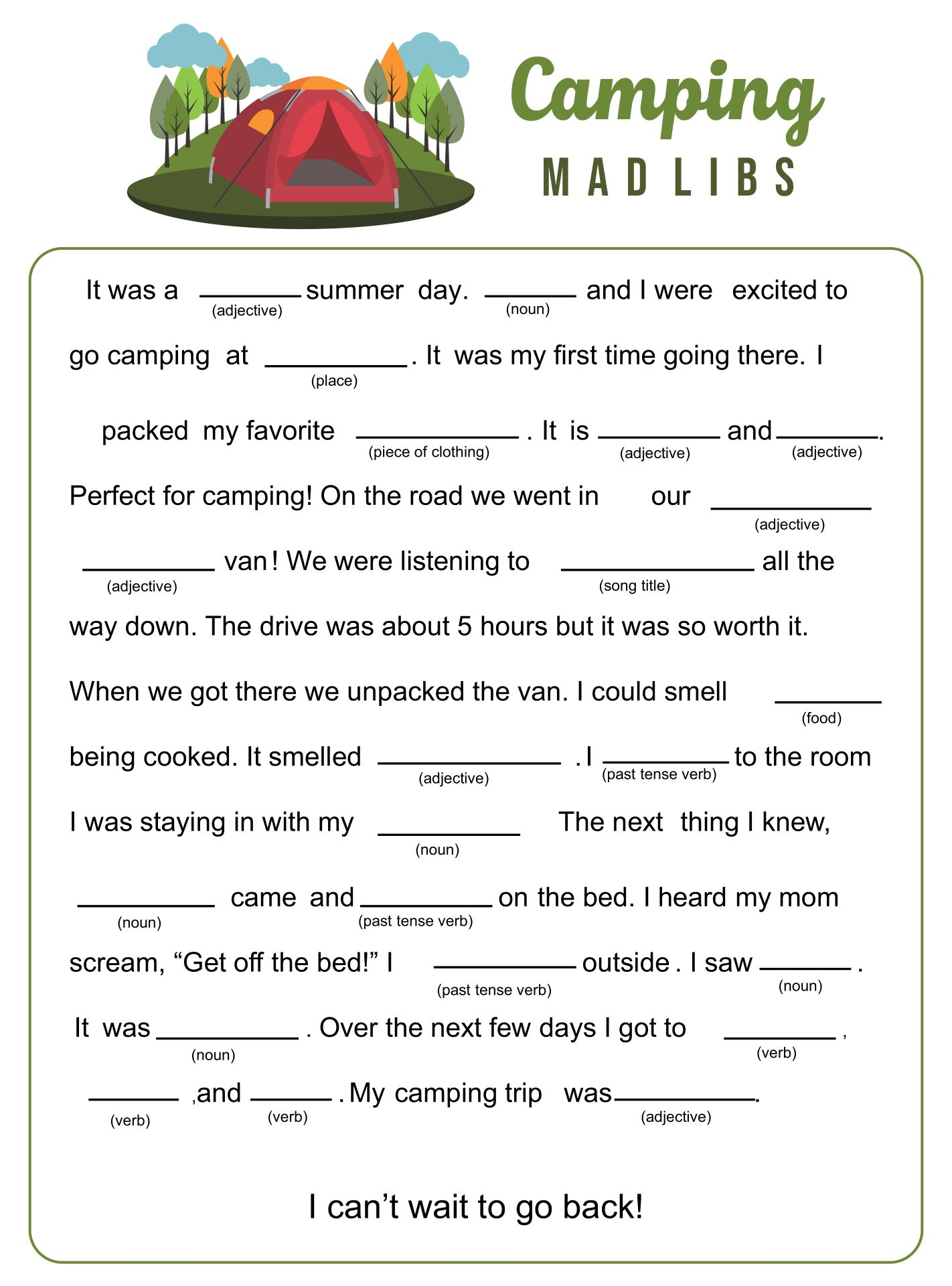 10 Best Camping Mad Libs Printable Printablee