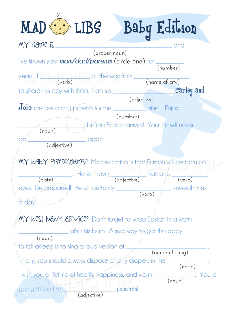 25 Adorable 5x7 PRINTED Baby Boy Shower Mad Libs With Envelopes On 