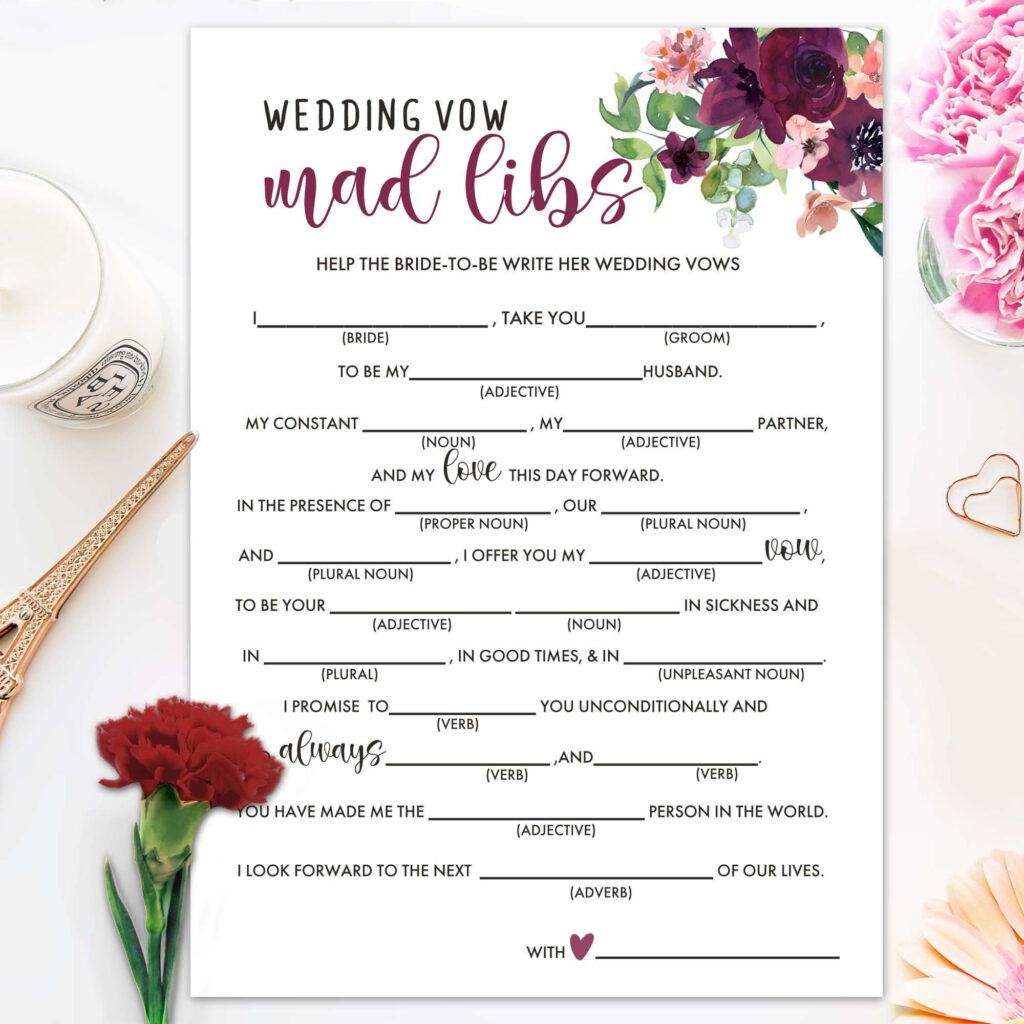 Bridal Shower Games Wedding Vow Mad Libs Burgundy Fun Hen Etsy