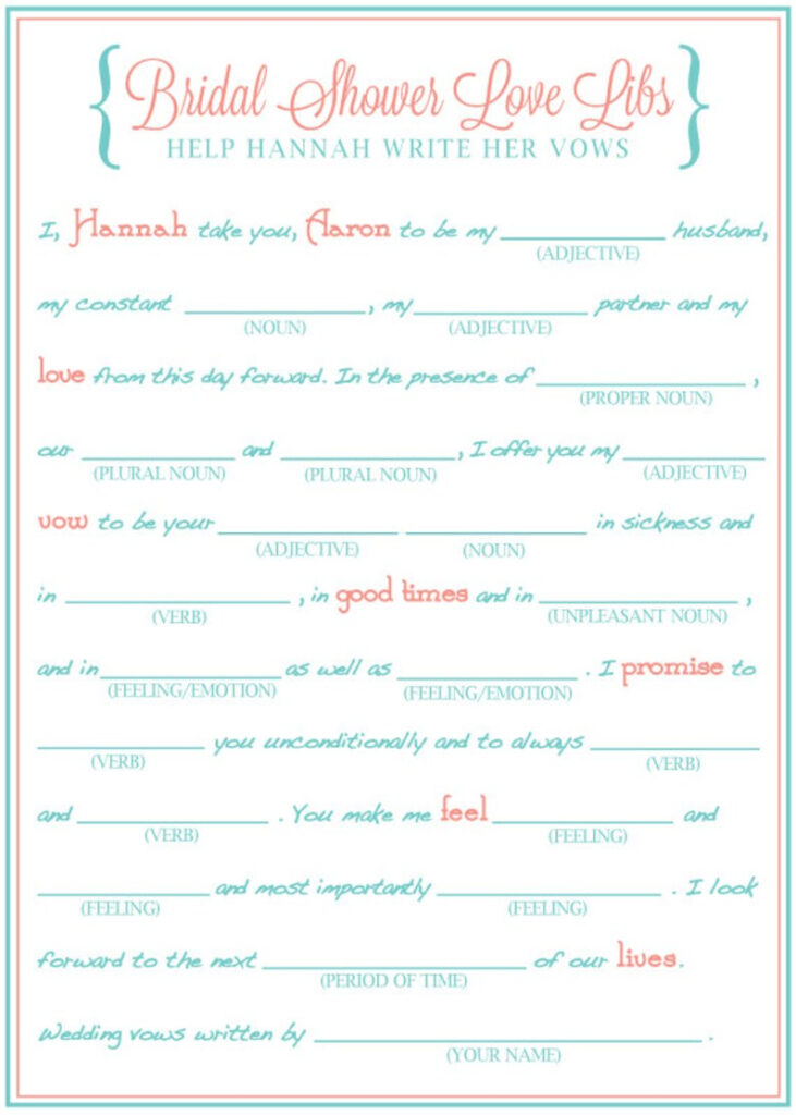 Bridal Shower Mad Libs Funny Shower Game Write Your Vows Etsy