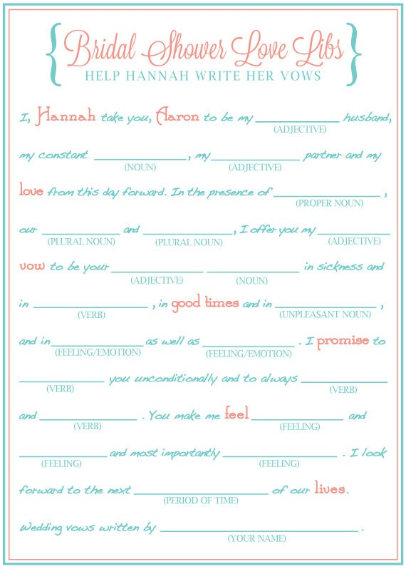 Bridal Shower Mad Libs Funny Shower Game Write Your Vows