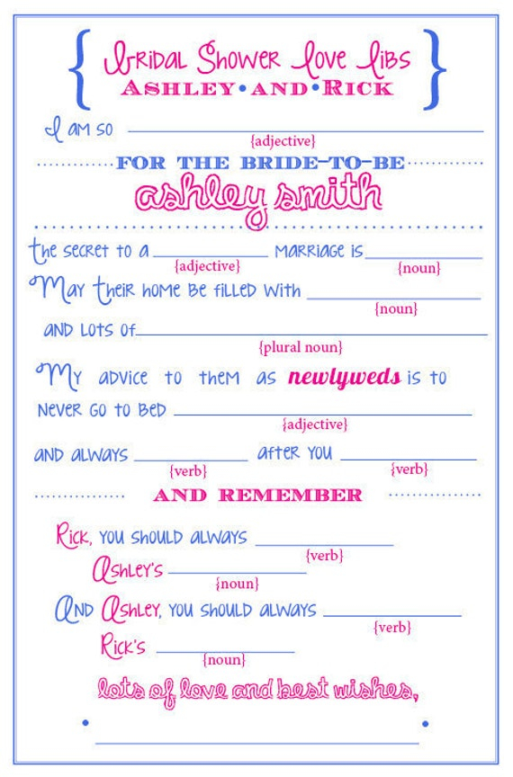 Bridal Wedding Shower Mad Libs Game Printable File