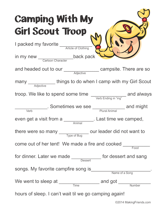 Girl Scout Camping Mad Lib MakingFriends