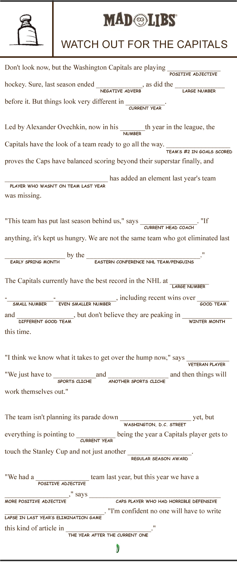 Mad Lib Why This Is The Year The Capitals Will Win The Stanley Cup