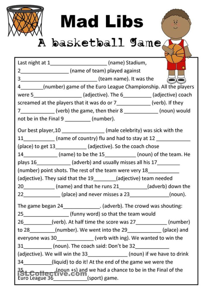 Mad Libs Basketball Game Parts Of Speech Worksheets Kids Mad Libs 