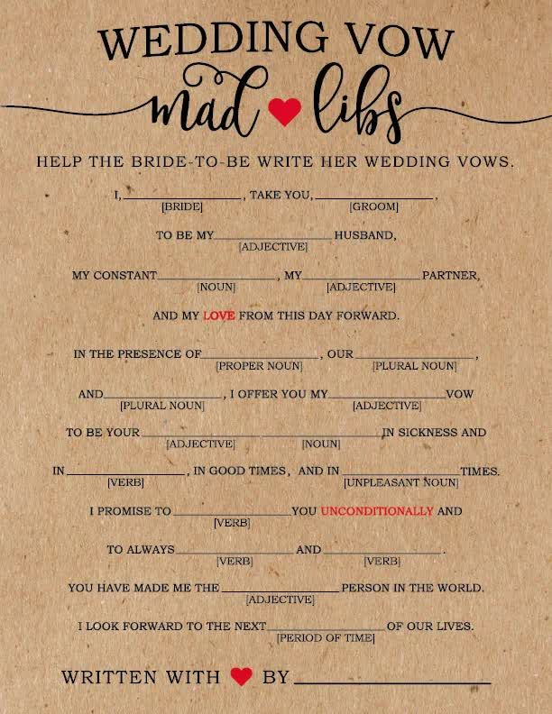 Wedding Mad Libs Wedding Vow Mad Libs Wedding Libs Mad Etsy 