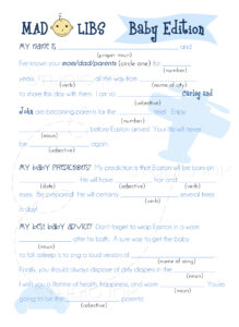 25 Adorable 5x7 PRINTED Baby Boy Shower Mad Libs With Envelopes On