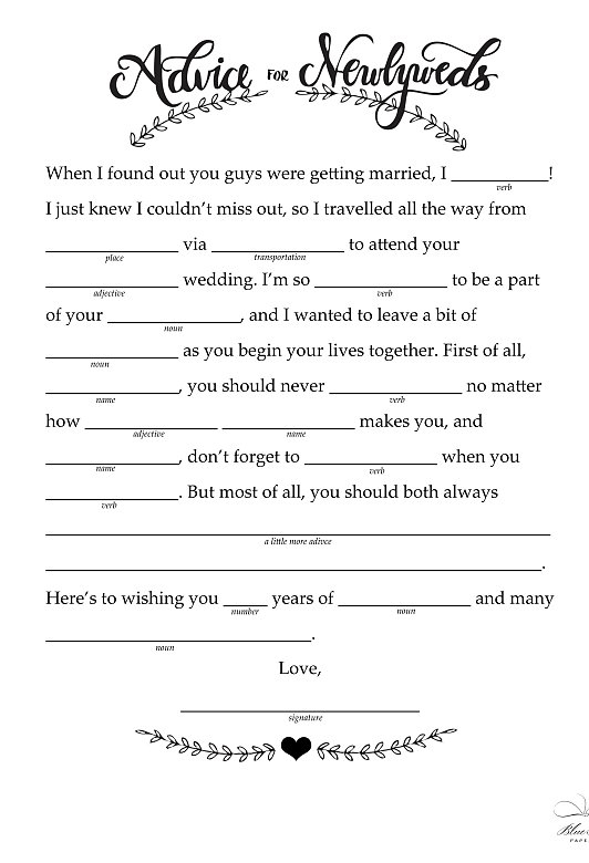 Advice To Newlyweds 14 Free Fun And Printable Wedding Mad Libs 