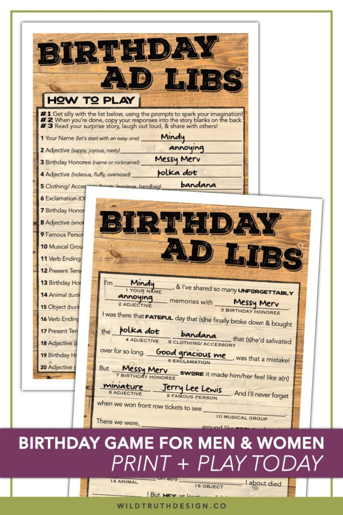 Birthday Mad Libs For Adults Printable Men Women Country Wood 