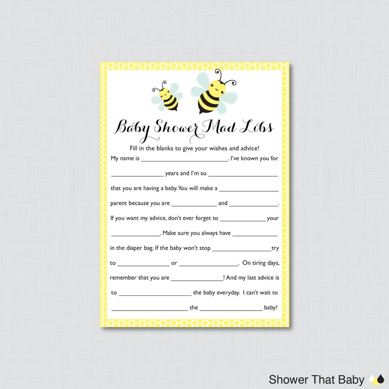 Bumble Bee Baby Shower Mad Libs Printable Baby Shower Advice Etsy