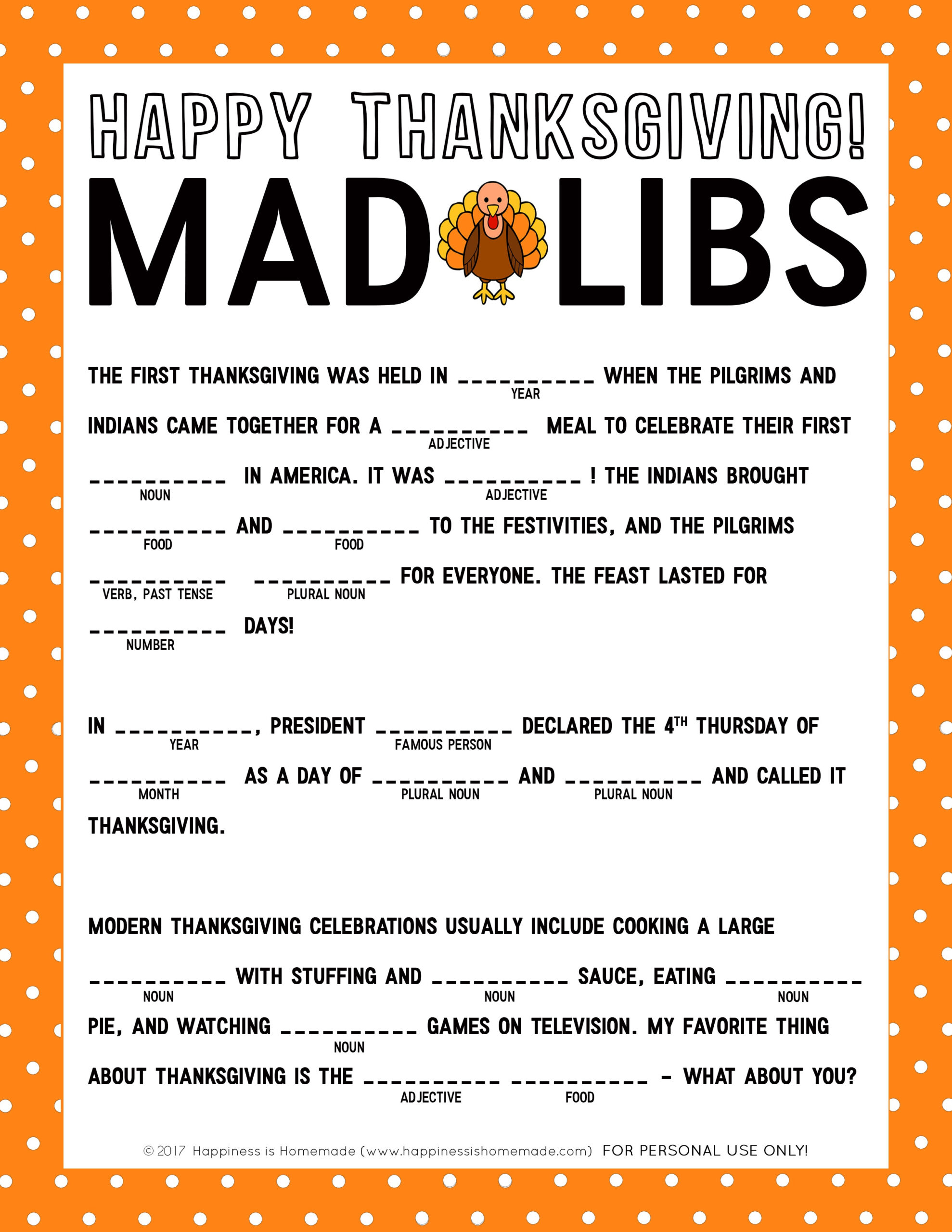 Free Thanksgiving Mad Libs Printables 2023