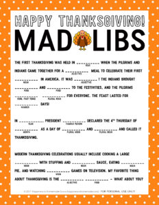 Celebrating Thanksgiving Mad Lib Woo Jr Kids Activities Free