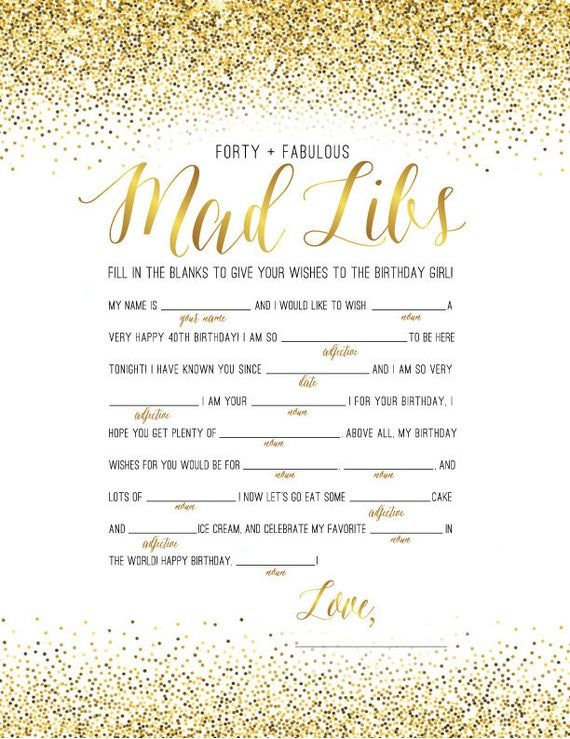 FORTY FABULOUS Mad Libs 40th Birthday Game Gold Glitter Design 