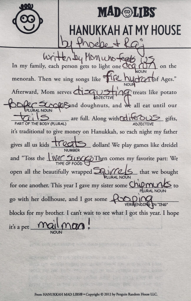 Hanukkah Mad Libs By Phoebe And Raj Leslie Jo Chase