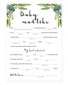 Mad Libs For Baby Shower Game Printable With Eucalyptus Leaves