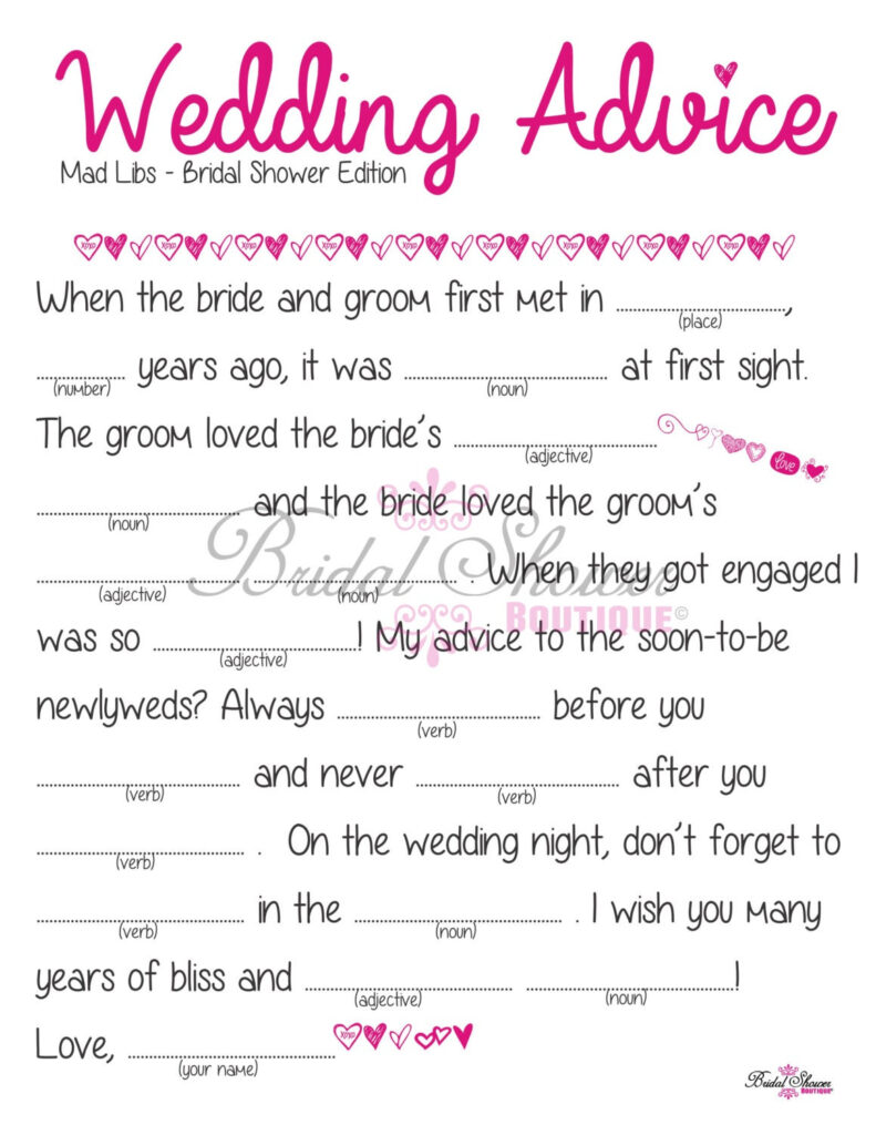 Mad Libs Wedding Advice Bridal Shower Game PINK Fun