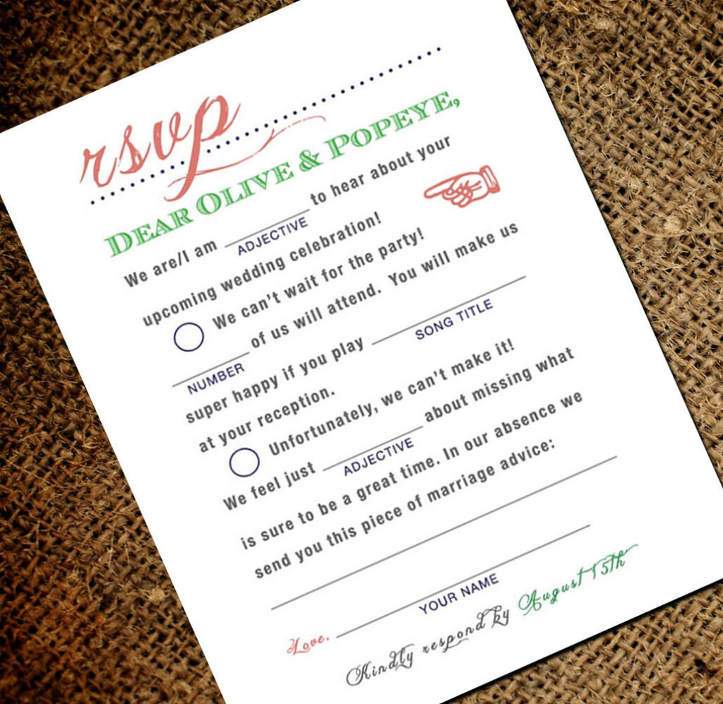 Mad Libs Wedding RSVP Postcard Wedding Madlibs Rsvp Card