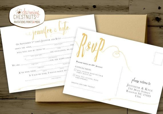 Madlib RSVP Postcard White And Gold Wedding Madlib Funny Etsy In 2020 