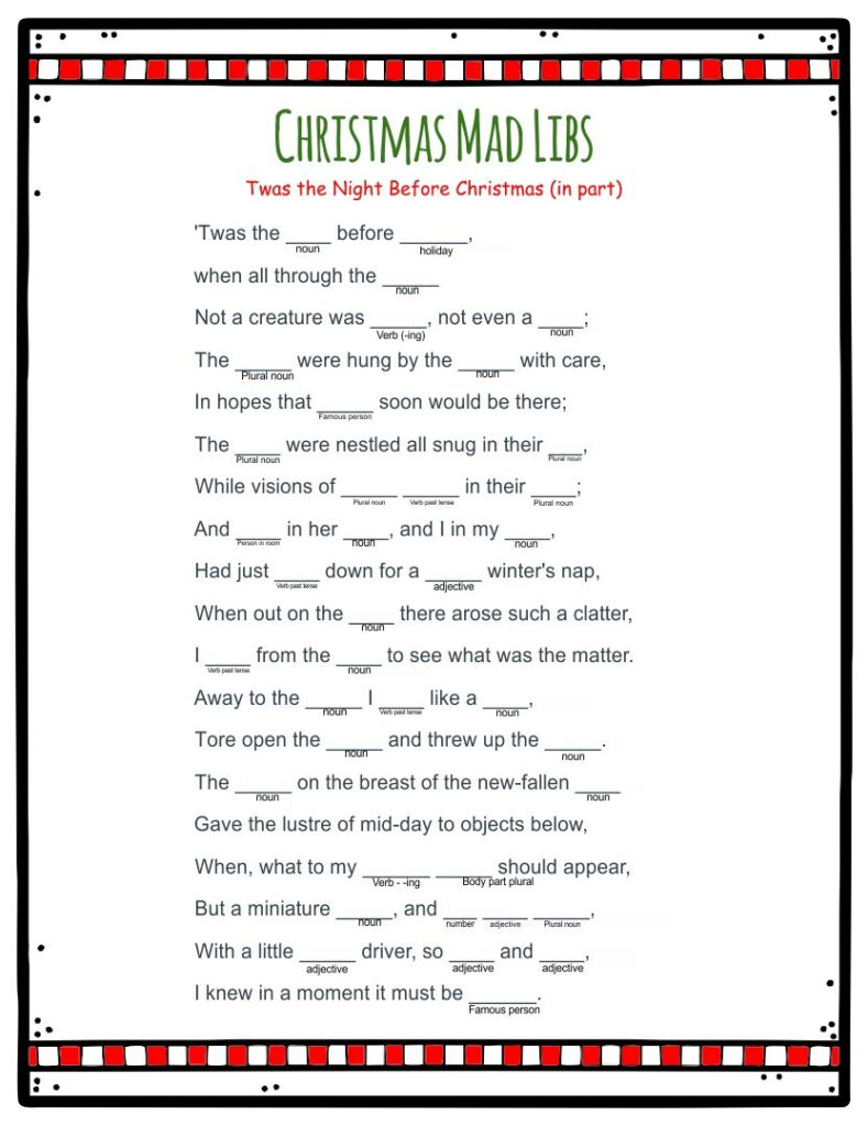 Night Before Christmas Mad Libs Printable Christmas Mad Libs 