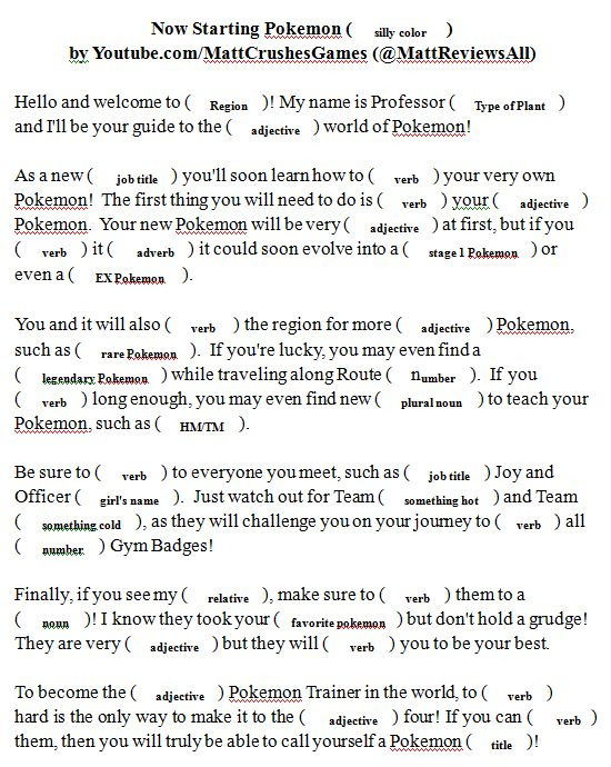 Pin By Jillian Davis On School At Home 2020 Mad Libs Pokemon Road Trip