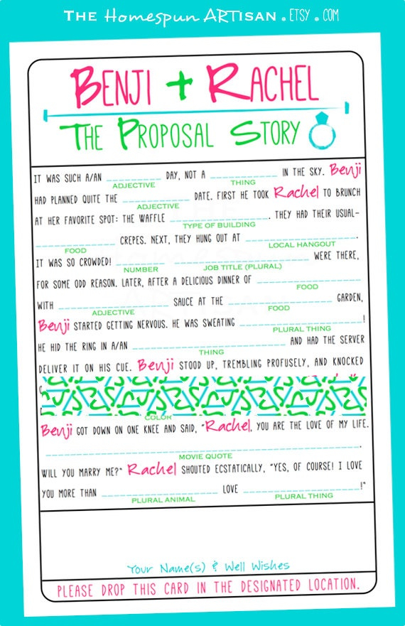 Proposal Mad LIBS Wedding Bachelorette Bridal Shower Game