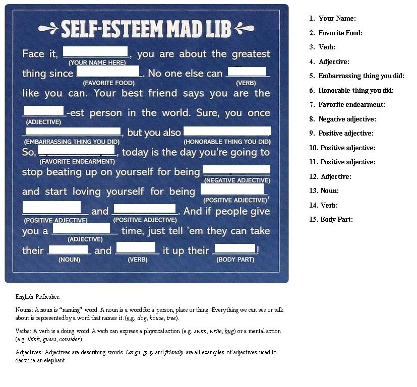 Self Esteem Mad Lib PsychCreatives