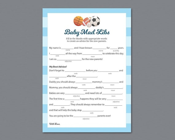 Sports Themed Baby Mad Libs Printable Advice For The New Etsy