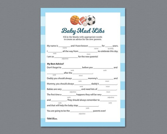 Sports Themed Baby Mad Libs Printable Advice For The New Etsy